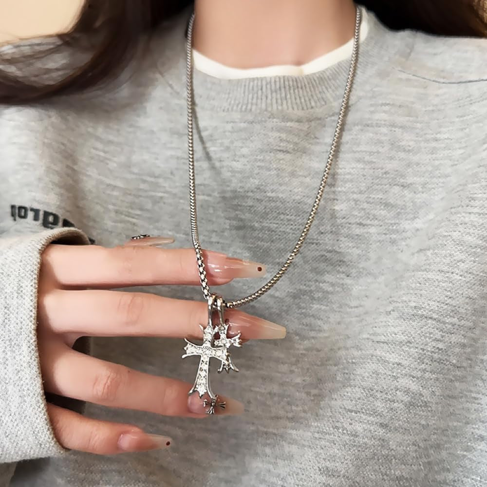 Gothic Double Cross Necklace Silver Plated Goth Vintage Necklace Y2K Long Dainty Cross Choker Necklace for Women Men Silver Non Tarnish Chrome Punk Heart Chain Link 2000S Jewelry