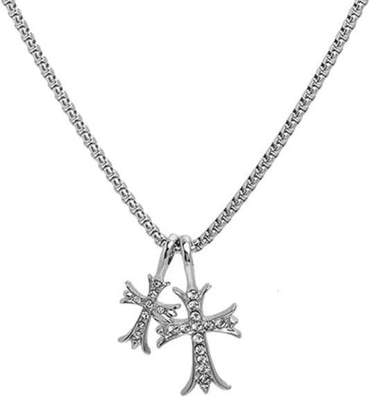 Gothic Double Cross Necklace Silver Plated Goth Vintage Necklace Y2K Long Dainty Cross Choker Necklace for Women Men Silver Non Tarnish Chrome Punk Heart Chain Link 2000S Jewelry