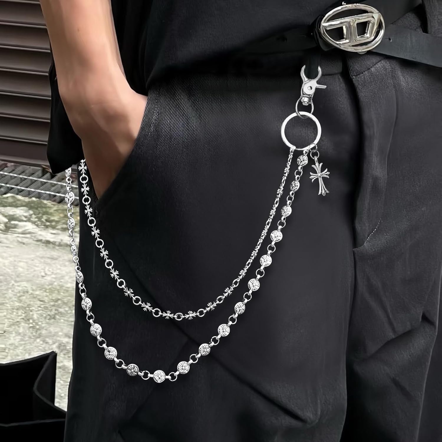 Wallet Chain - Wallet Chains for Men, Pants Chains Double Cross Pocket Chains Punk Trousers Jeans Chains for Biker Heavy Skull Chain Belt Goth Accessories
