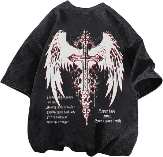 Vintage Goth Punk Shirts for Men Grunge Streetwear Oversized Tshirts Gothic Cross Y2K Graphic Tees Acid Wash T Shirt