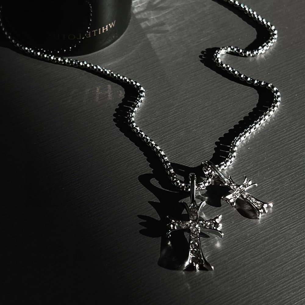 Gothic Double Cross Necklace Silver Plated Goth Vintage Necklace Y2K Long Dainty Cross Choker Necklace for Women Men Silver Non Tarnish Chrome Punk Heart Chain Link 2000S Jewelry