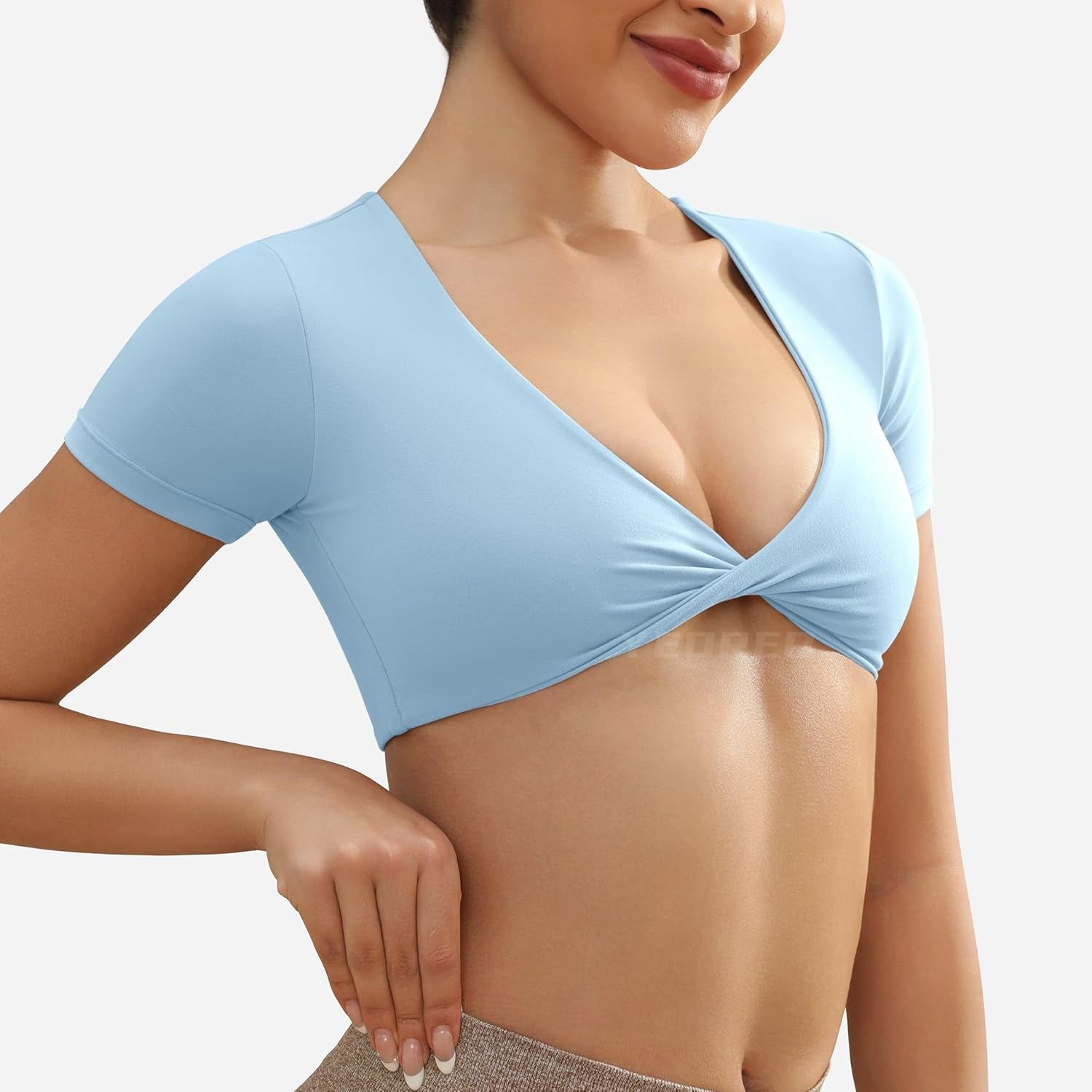 Kyla Workout Crop Tops for Women Short Sleeve Twist Front Crop Tank Top Padded Sports Bra Casual Shirts