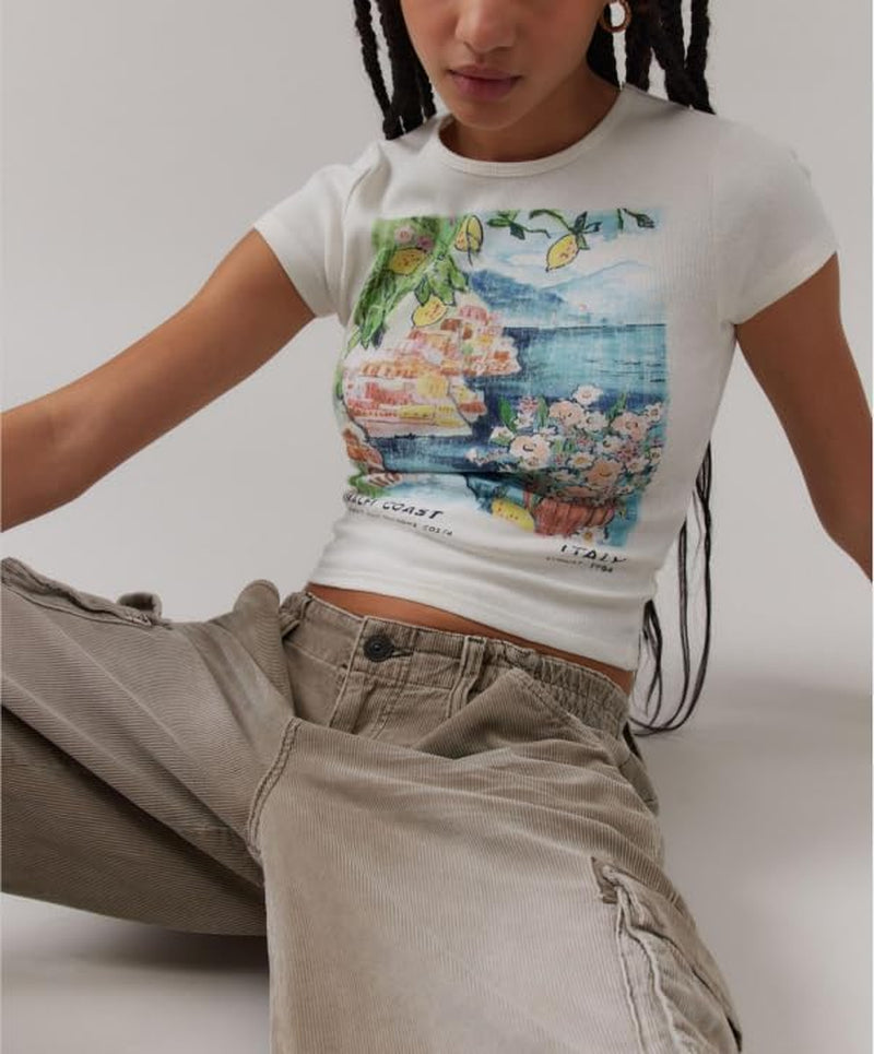 Y2K Baby Tees Short Sleeve Crop Tops Women Teen Girl Fruit Graphic Print Cropped T Shirts Aesthetic Vintage Clothes