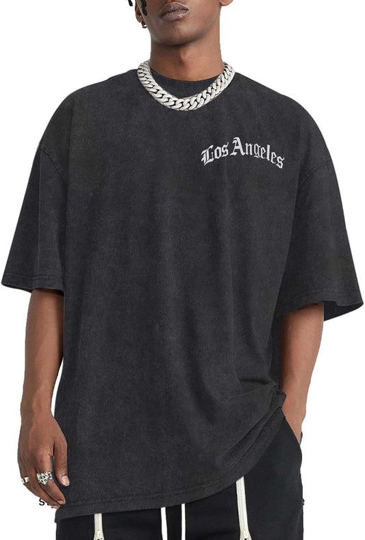 Oversized Vintage Graphic Tees for Men Los Angeles Shirt Acid Wash Tshirt Letter T-Shirt Grunge Crew Neck Tops