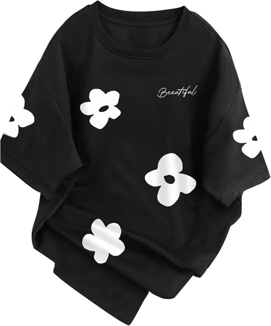 Men'S Floral Casual T Shirts Short Sleeve Crew Neck Baggy Letter Graphic Tees