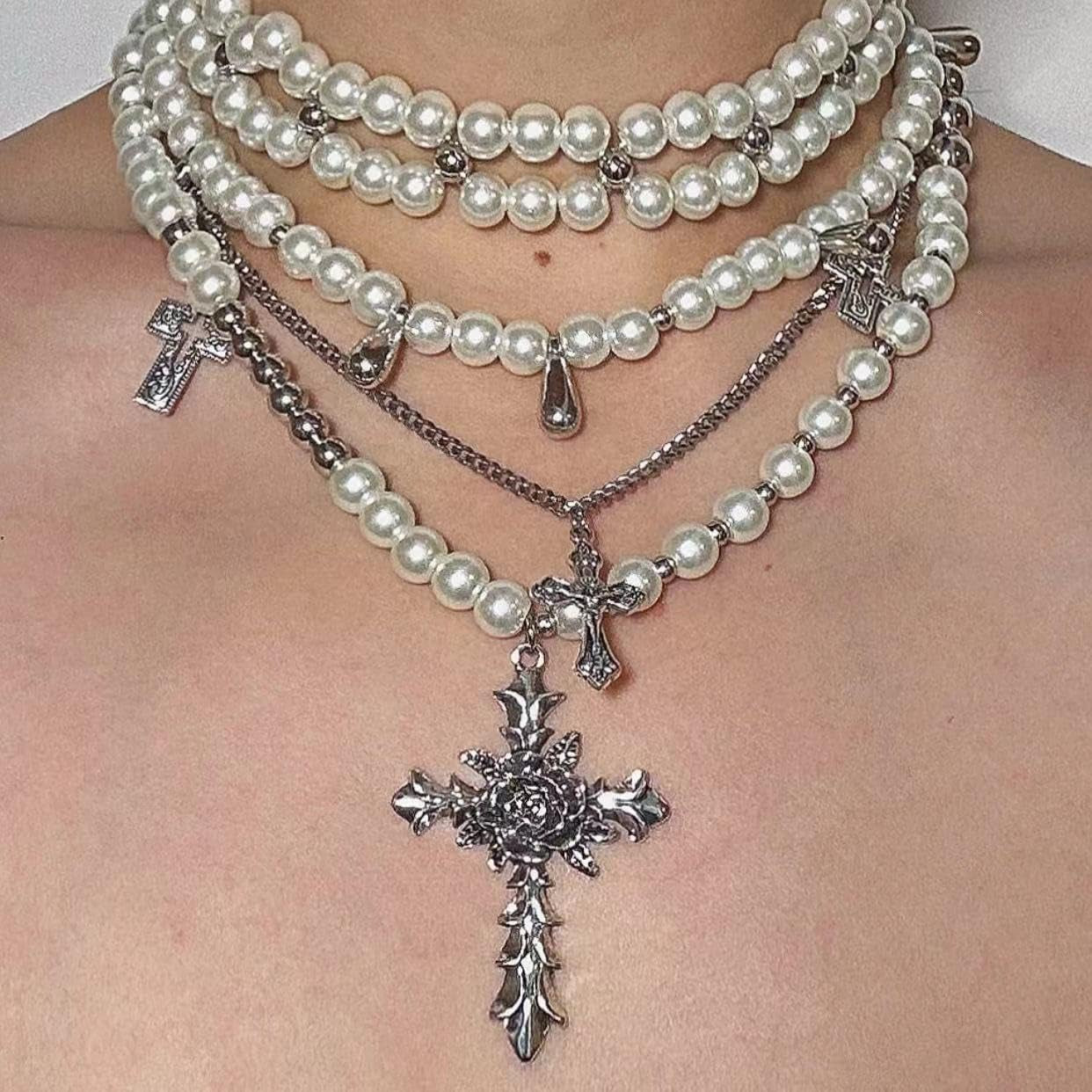 Layered Pearl Necklace Gothic Cross Pearl Stacked Necklace for Women