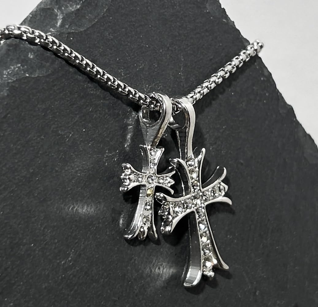 Gothic Double Cross Necklace Silver Plated Goth Vintage Necklace Y2K Long Dainty Cross Choker Necklace for Women Men Silver Non Tarnish Chrome Punk Heart Chain Link 2000S Jewelry