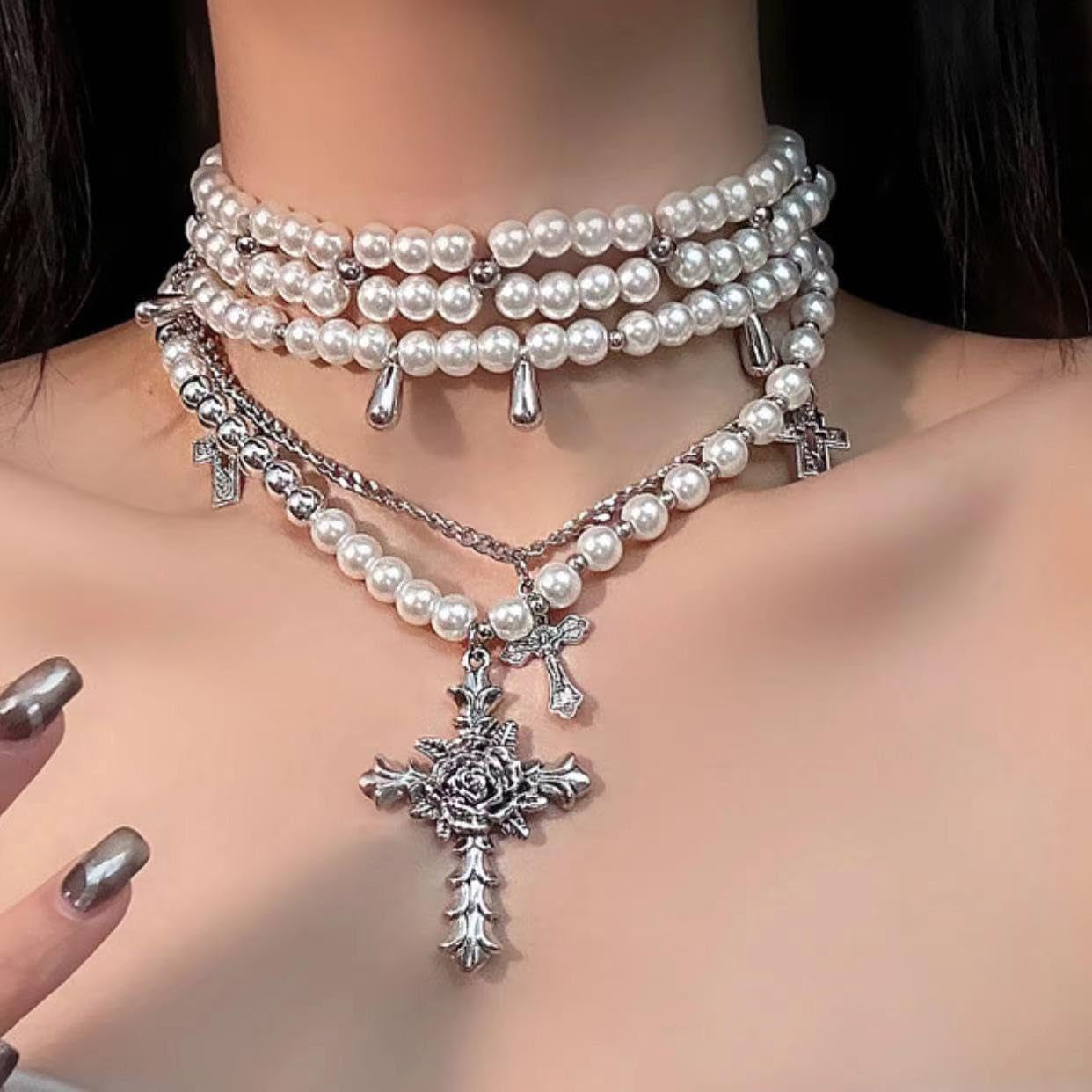 Layered Pearl Necklace Gothic Cross Pearl Stacked Necklace for Women