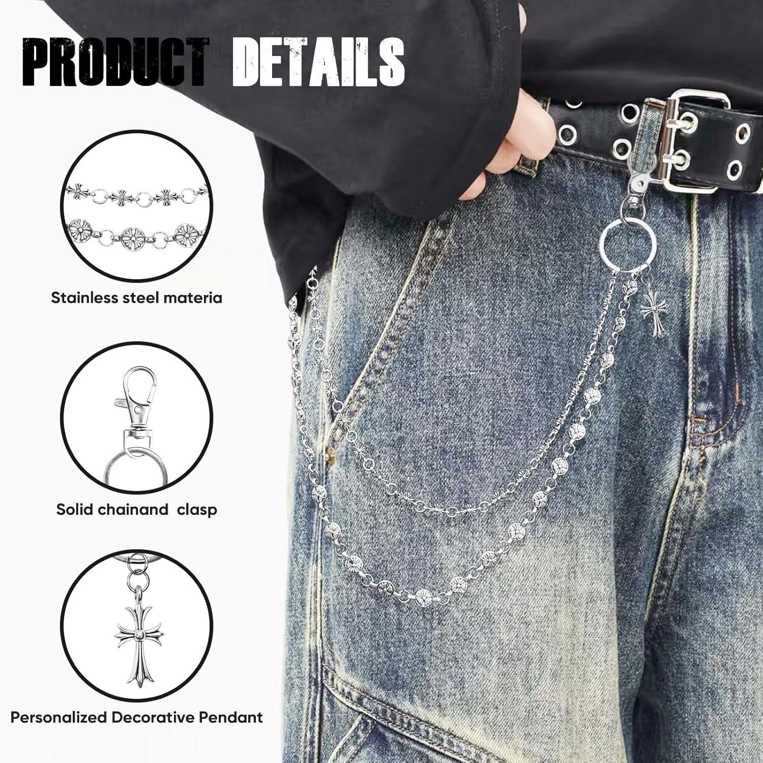 Wallet Chain - Wallet Chains for Men, Pants Chains Double Cross Pocket Chains Punk Trousers Jeans Chains for Biker Heavy Skull Chain Belt Goth Accessories