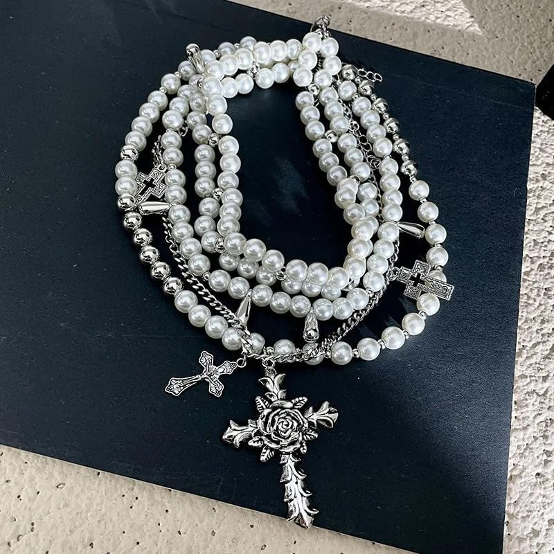 Layered Pearl Necklace Gothic Cross Pearl Stacked Necklace for Women