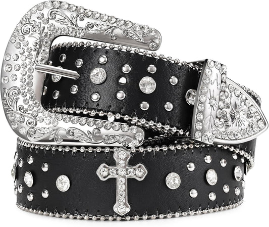 Rhinestone Studded Belt for Men Women, Western Leather Belt for Cowgirl Cowboy Vintage Bling Belt for Pants Dress