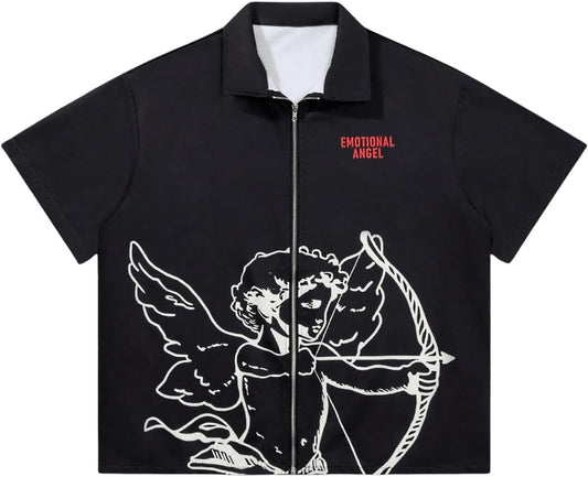 Men'S Summer Zip up Graphic Tees Short Sleeve Hawaiian Tshirts Lapel Collar Tops