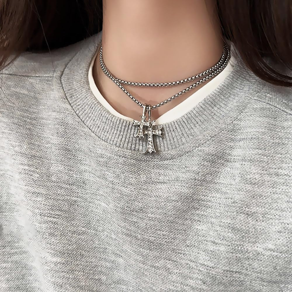 Gothic Double Cross Necklace Silver Plated Goth Vintage Necklace Y2K Long Dainty Cross Choker Necklace for Women Men Silver Non Tarnish Chrome Punk Heart Chain Link 2000S Jewelry