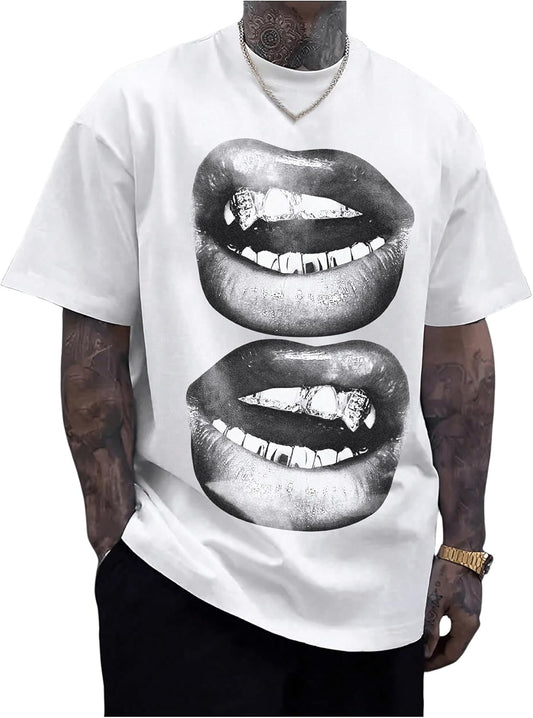 Men'S Lip Pattern Graphic Tees Loose Short Sleeve Crewneck T Shirts Streetwear Top