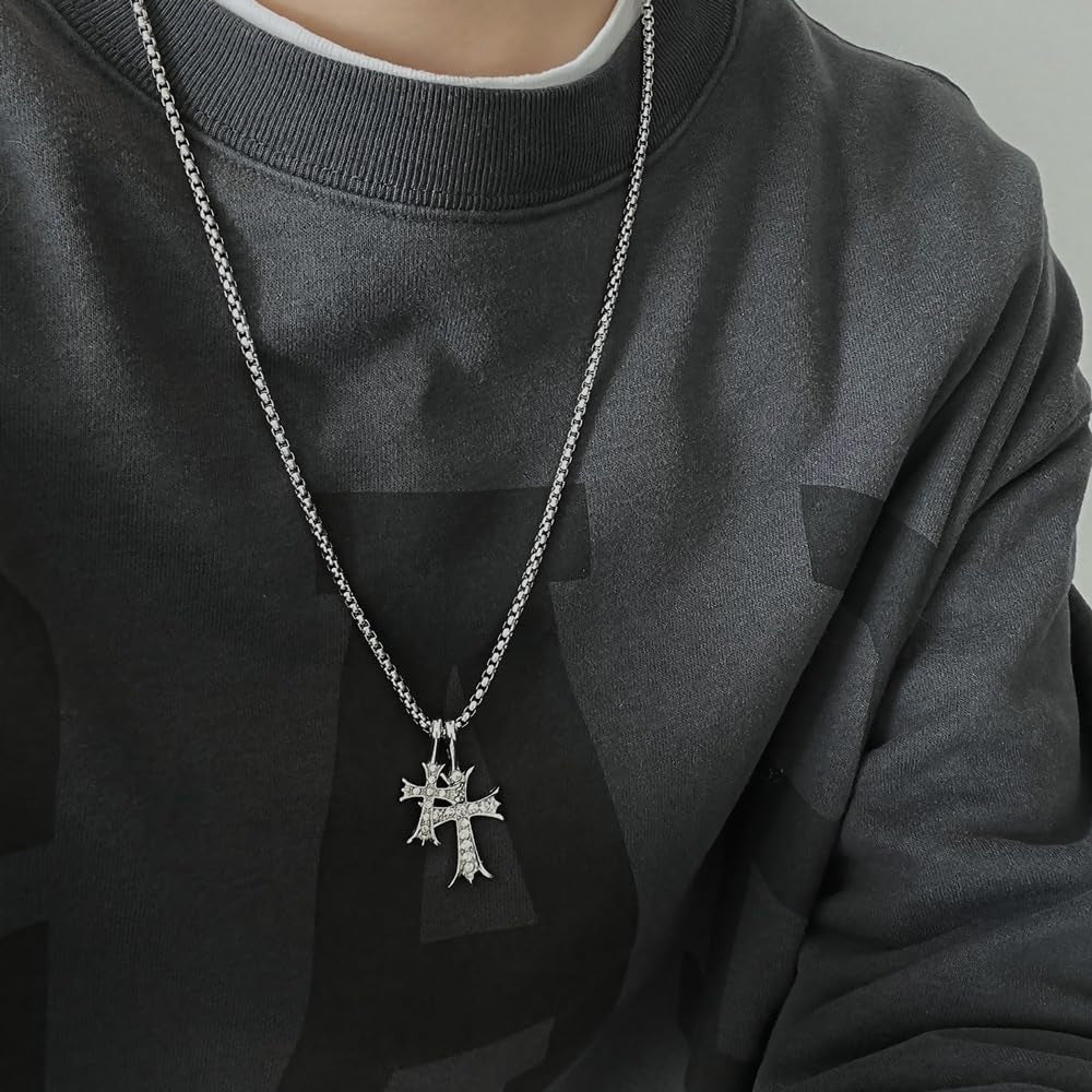 Gothic Double Cross Necklace Silver Plated Goth Vintage Necklace Y2K Long Dainty Cross Choker Necklace for Women Men Silver Non Tarnish Chrome Punk Heart Chain Link 2000S Jewelry