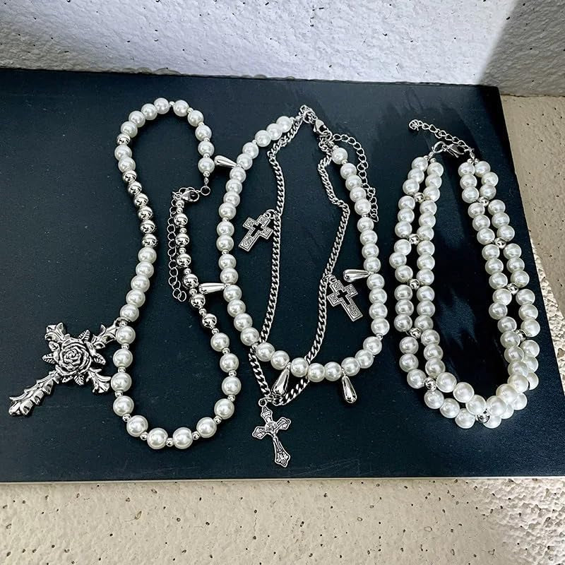 Layered Pearl Necklace Gothic Cross Pearl Stacked Necklace for Women