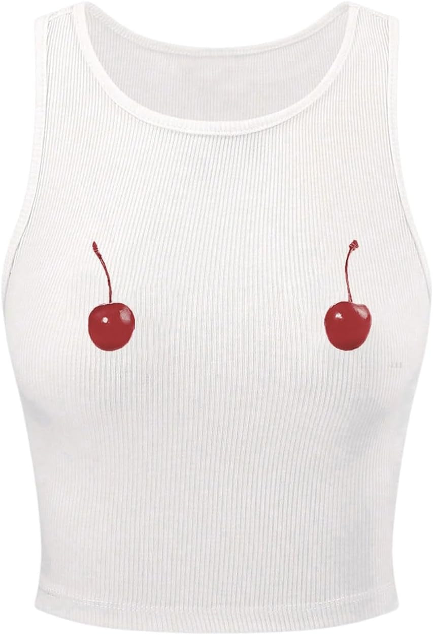 Women'S Cherry Print Cropped Tank Top Scoop Neck Sleeveless Slim Fit Summer Tops