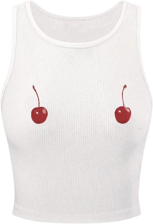 Women'S Cherry Print Cropped Tank Top Scoop Neck Sleeveless Slim Fit Summer Tops