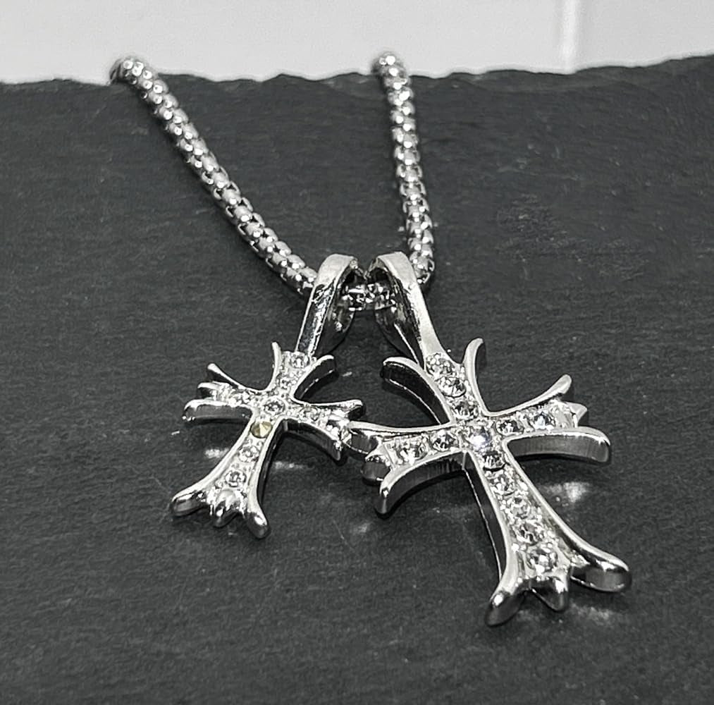 Gothic Double Cross Necklace Silver Plated Goth Vintage Necklace Y2K Long Dainty Cross Choker Necklace for Women Men Silver Non Tarnish Chrome Punk Heart Chain Link 2000S Jewelry