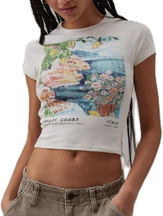 Y2K Baby Tees Short Sleeve Crop Tops Women Teen Girl Fruit Graphic Print Cropped T Shirts Aesthetic Vintage Clothes